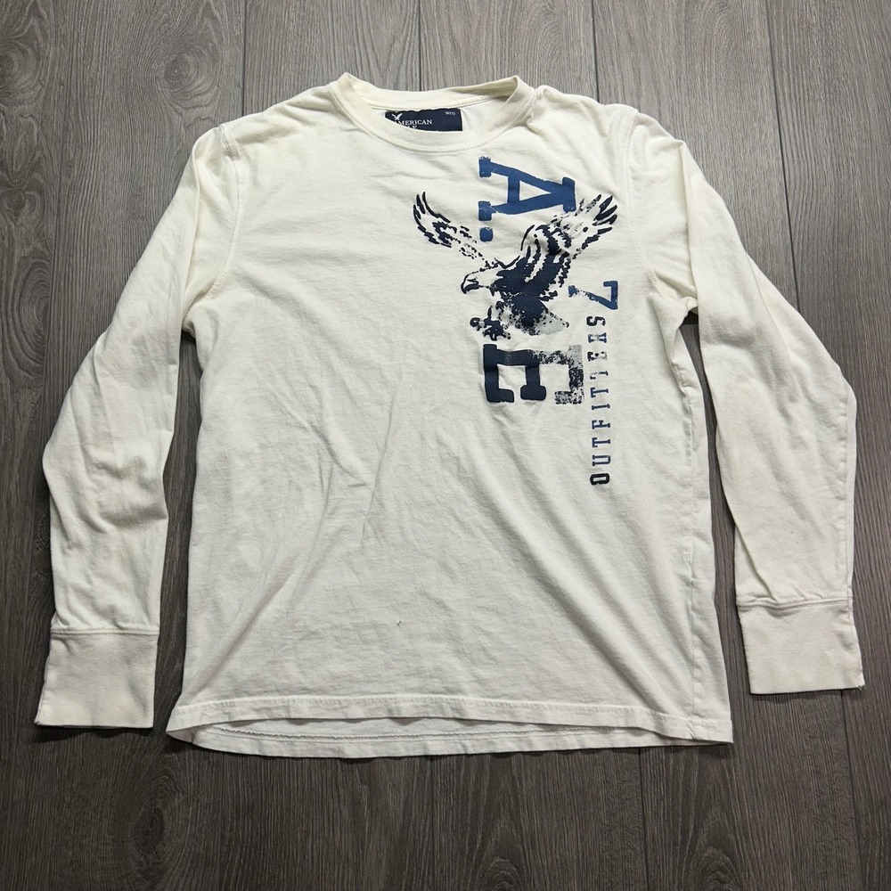 American Eagle Outfitters Mens Medium Long Sleeve Graphic T-Shirt Cream Y2K